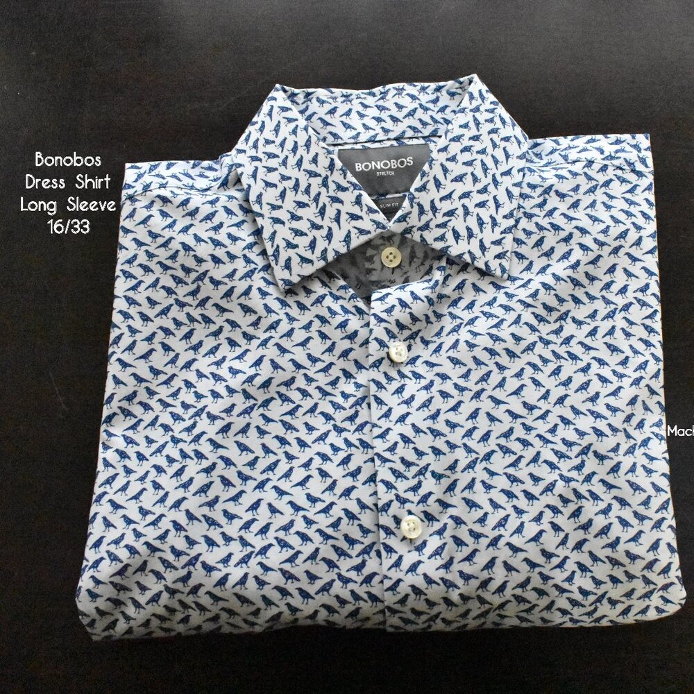 BONOBOS Dress Shirt 16 33 Slim Fit Stretch Blue Print Cotton Blend Machine Wash
